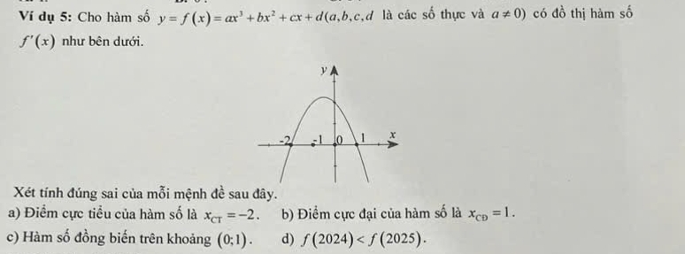 Ví dụ 5: Cho hàm số y=f(x)=ax^3+bx^2+cx+d(a,b,c, c,d là các số thực và a!= 0) có đồ thị hàm số
f'(x) như bên dưới. 
Xét tính đúng sai của mỗi mệnh đề sau đây. 
a) Điểm cực tiểu của hàm số là x_CT=-2. b) Điểm cực đại của hàm số là x_CD=1. 
c) Hàm số đồng biến trên khoảng (0;1). d) f(2024) .