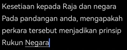 Kesetiaan kepada Raja dan negara 
Pada pandangan anda, mengapakah 
perkara tersebut menjadikan prinsip 
Rukun Negara