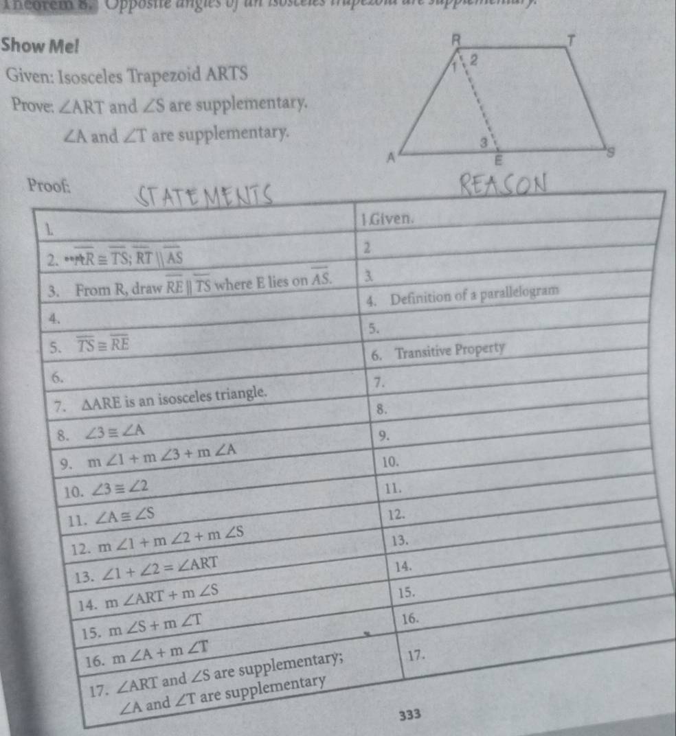 Theorem B. Opposte angles of un isosteles mp
Show Me!
Given: Isosceles Trapezoid ARTS
Prove: ∠ ART and ∠ S are supplementary.
∠ A and ∠ T are supplementary.
P
∠ A
333
