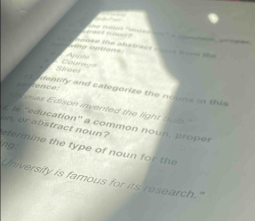 a 
e noun 'muso à c en gose 
n o se the ab stra c t n o s m o m t 
ving options: 
. Apple 
C oura g é Street 
e n e : 
dentify and categorize the no s in t i 
Domas Edison invented the light bulb." 
un, or abstract noun? 4. Is ''education'' a common noun, proper 
ng: 
eter ine the type of noun for the 
University is famous for its research."