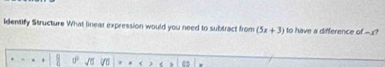 Identify Structure What linear expression would you need to subtract from (5x+3) to have a difference of -x? 
 □ /□   U^2 sqrt(0) (y_0 < > ω "