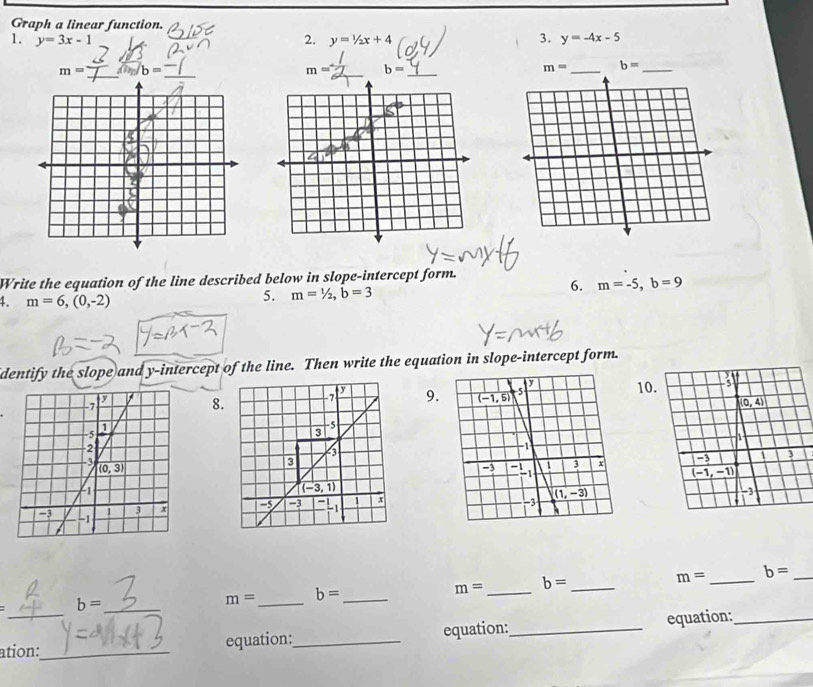 Graph a linear function.
3.
1. y=3x-1 2. y=1/2x+4 y=-4x-5
m= b=
m= b= _
m= _ b= _
Write the equation of the line described below in slope-intercept form.
4. m=6,(0,-2)
5. m=1/2,b=3 6. m=-5,b=9
dentify the slope and y-intercept of the line. Then write the equation in slope-intercept form.
8910. 3
(0,4)
1
1 3
(-1,-1)
-3
m= _ b= _
m= _ b= _
b= _
m= _ b= _
ation:_ equation:_ equation: _equation:_