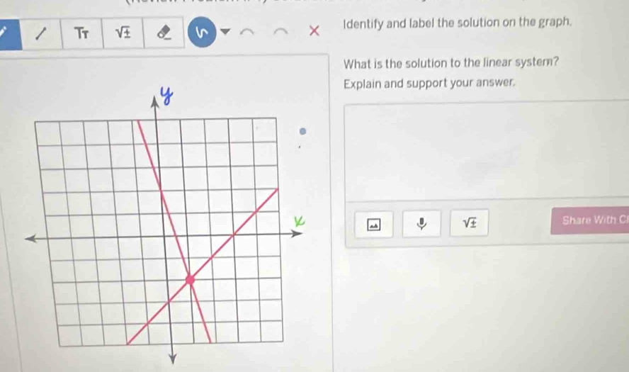 Tr sqrt(± ) Identify and label the solution on the graph. 
What is the solution to the linear system? 
Explain and support your answer.
sqrt(± ) Share With C