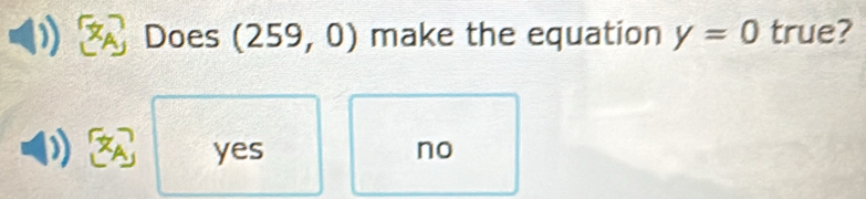 Does (259, 0) make the equation y=0 true?
yes no