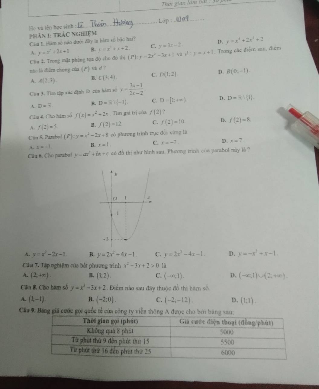 Thời gian làm bái : 30 pi
_ Lớp _
Họ và tên học sinh :
PHÀN I: TRẢC NGHIỆM
Cầu 1. Hàm số nào dưới đây là hàm số bậc hai?
D. y=x^4+2x^2+2
A. y=x^2+2x+1 B. y=x^3+x+2. C. y=3x-2.
Câu 2. Trong mặt phẳng tọa độ cho đồ thị (P):y=2x^2-3x+1 và d:y=x+1. Trong các điểm sau, điểm
nào là điểm chung của (P) và d ?
A. A(2:3).
B. C(3:4).
C. D(1;2).
D. B(0;-1).
Cầu 3. Tim tập xác định D của hàm số y= (3x-1)/2x-2 .
A. D= R.
B. D=Rvee  -1 . C. D=[1;+∈fty ). D. D=R| 1 .
Câu 4. Cho hàm số f(x)=x^2+2x. Tìm giá trị của f(2) ?
A. f(2)=5. B. f(2)=12. C. f(2)=10. D. f(2)=8.
Câu 5. Parabol (P):y=x^2-2x+8 có phương trình trục đổi xứng là
A. x=-1. B. x=1. C. x=-7.
D. x=7.
Câu 6. Cho parabol y=ax^2+bx+c có đồ thị như hình sau. Phương trình của parabol này là ?
A. y=x^2-2x-1. B. y=2x^2+4x-1. C. y=2x^2-4x-1. D. y=-x^2+x-1.
Câu 7. Tập nghiệm của bất phương trình x^2-3x+2>0 là
A. (2;+∈fty ). B. (1;2). C. (-∈fty ;1). D. (-∈fty ,1)∪ (2;+∈fty ).
Câu 8. Cho hám số y=x^3-3x+2. Điểm nào sau đây thuộc đồ thị hàm số.
B.
A. (1,-1). (-2;0). C. (-2;-12). D、 (1;1).
Câu 9. Bảng giá cước gọi quốc tế của công ty viễn thông A được cho bởi bảng sau: