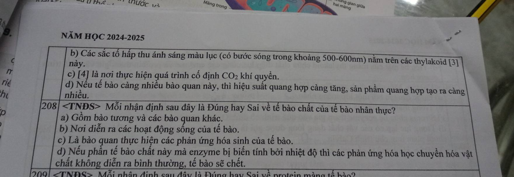 Vihước và
lồng gian giữa
Màng trong
hai màng
9.
NăM HỌC 2024-2025
ri
h
p
209 ∠ TNAS> Mỗi nhân định sau đây là Đúng hay Sai về protein màng tế bào?