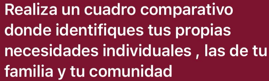 Realiza un cuadro comparativo 
donde identifiques tus propias 
necesidades individuales , las de tu 
familia y tu comunidad