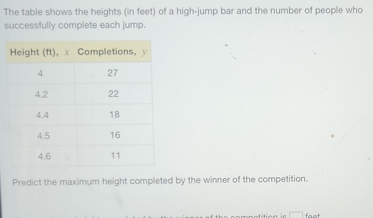 The table shows the heights (in feet) of a high-jump bar and the number of people who 
successfully complete each jump. 
Predict the maximum height completed by the winner of the competition. 
□ faot