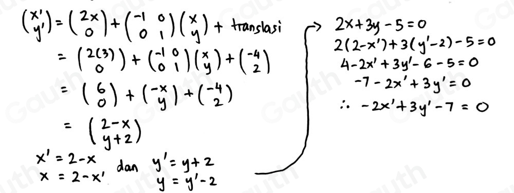 beginpmatrix x' y'endpmatrix =beginpmatrix 2x 0endpmatrix +beginpmatrix -1&0 0&1endpmatrix beginpmatrix x yendpmatrix + translasi 2x+3y-5=0
=beginpmatrix 2(3) 0endpmatrix +beginpmatrix -1&0 0&1endpmatrix beginpmatrix x yendpmatrix +beginpmatrix -4 2endpmatrix
2(2-x')+3(y'-2)-5=0
4-2x'+3y'-6-5=0
=beginpmatrix 6 0endpmatrix +beginpmatrix -x yendpmatrix +beginpmatrix -4 -2endpmatrix
-7-2x'+3y'=0
-2x'+3y'-7=0
=beginpmatrix 2-x y+2endpmatrix
x'=2-x dan y'=y+2
x=2-x' y=y'-2