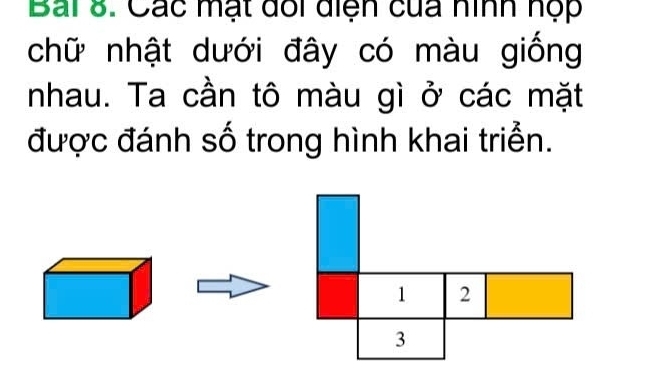 Bai 8. Các mạt đổi diện của hình hộp 
chữ nhật dưới đây có màu giống 
nhau. Ta cần tô màu gì ở các mặt 
được đánh số trong hình khai triển.