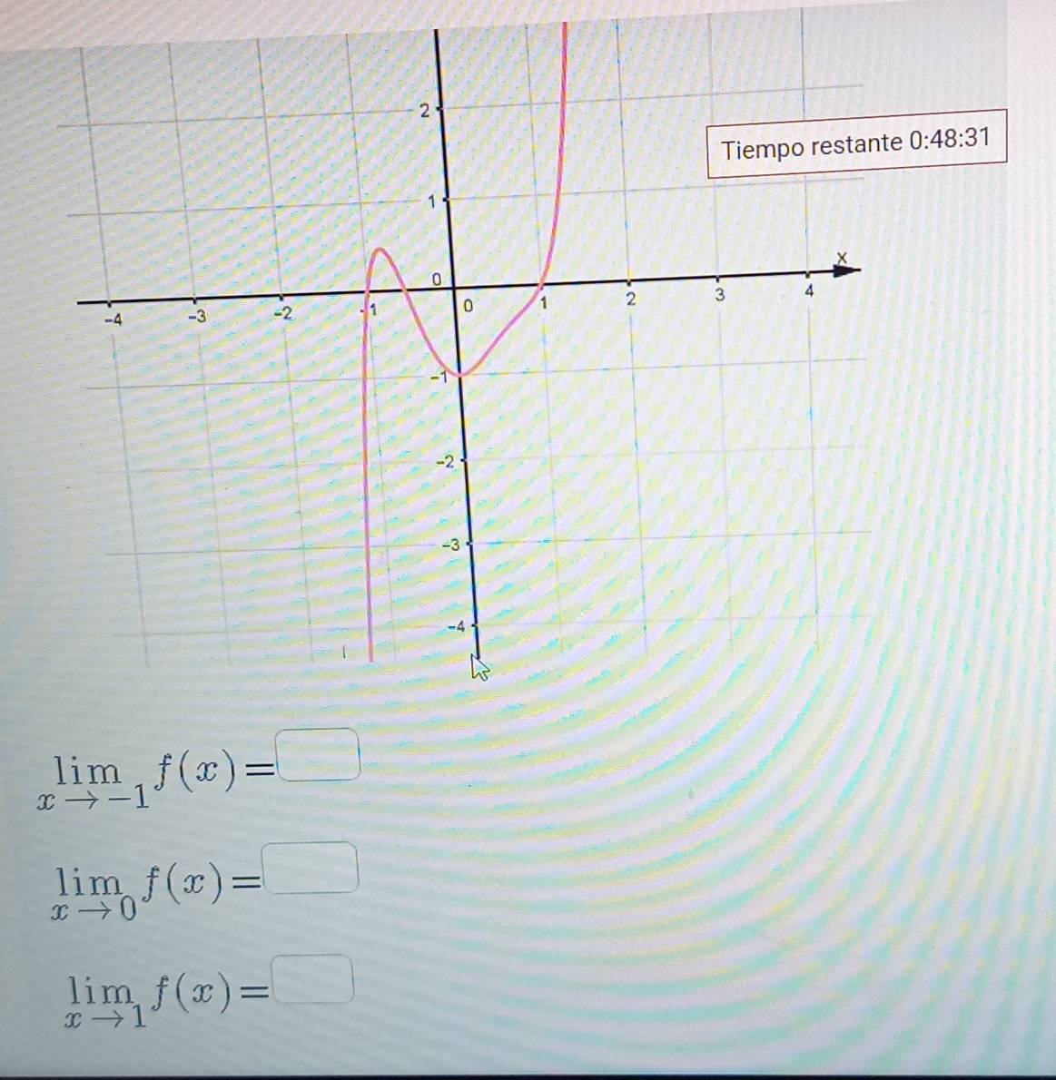 0:48:31
limlimits _xto -1f(x)=□
limlimits _xto 0f(x)=□
limlimits _xto 1f(x)=□