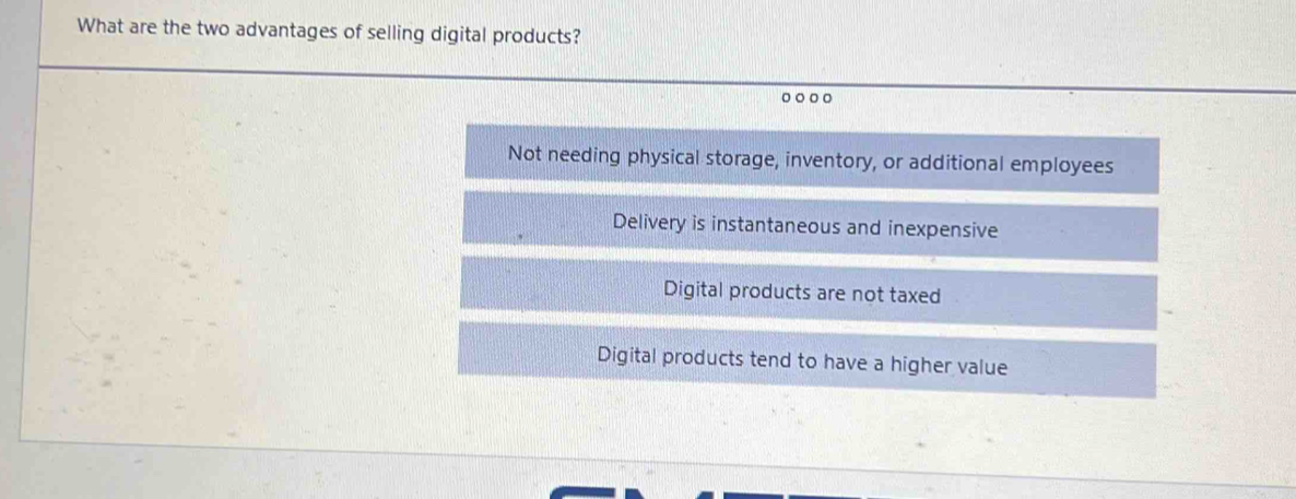 What are the two advantages of selling digital products?
Not needing physical storage, inventory, or additional employees
Delivery is instantaneous and inexpensive
Digital products are not taxed
Digital products tend to have a higher value