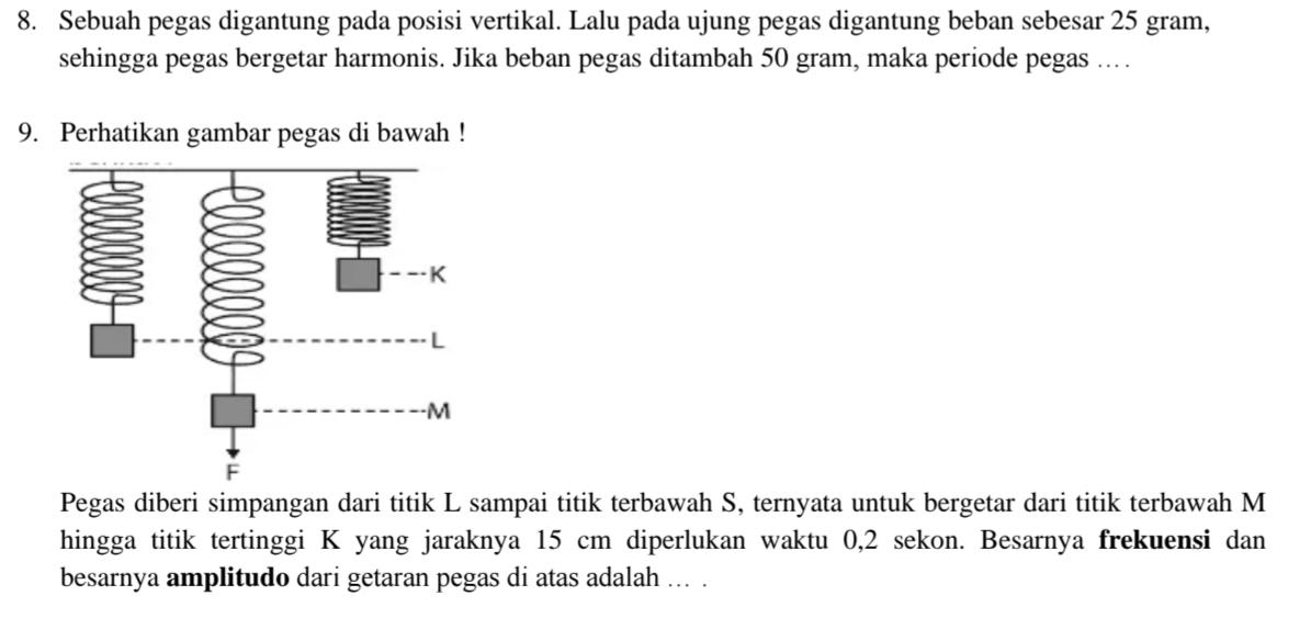 Sebuah pegas digantung pada posisi vertikal. Lalu pada ujung pegas digantung beban sebesar 25 gram, 
sehingga pegas bergetar harmonis. Jika beban pegas ditambah 50 gram, maka periode pegas .. . 
9. Perhatikan gambar pegas di bawah ! 
Pegas diberi simpangan dari titik L sampai titik terbawah S, ternyata untuk bergetar dari titik terbawah M 
hingga titik tertinggi K yang jaraknya 15 cm diperlukan waktu 0,2 sekon. Besarnya frekuensi dan 
besarnya amplitudo dari getaran pegas di atas adalah ... .