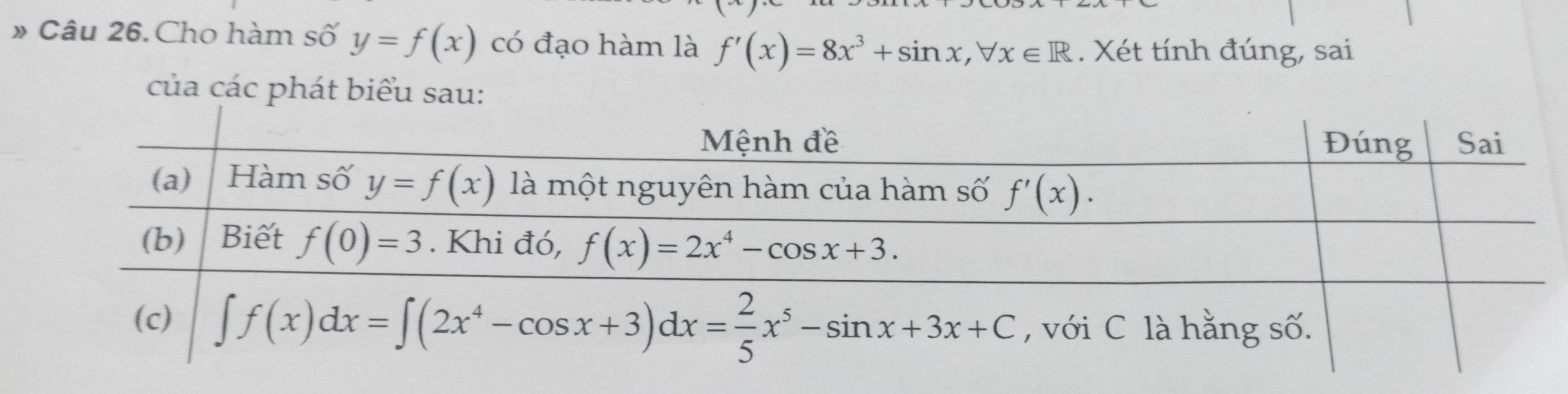 » Câu 26. Cho hàm số y=f(x) có đạo hàm là f'(x)=8x^3+sin x,forall x∈ R. Xét tính đúng, sai
của các phát biểu sau: