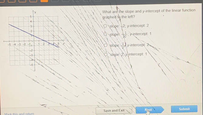 What are the slope and y-intercept of the linear function
graphed to the left?
slope: -2; y-intercept: 2
slope - 1/x^2  y intercept: 1
slope  1/2 ) y-intercept 2
slope. 2 yintercept: 1
Mark this and return Save and Exit Mext Submit