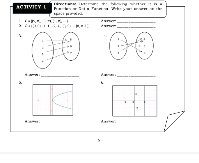 Directions: Determine the following whether it is a 
ACTIVITY 1 Function or Not a Function. Write your answer on the 
space provided. 
1. C= (5,π ),(3,π ),(1,π ),... Answer:_ 
2. D= (0,0),(1,1),(2,4),(3,9),...(n,n2) Answer:_ 
3. 
4 
Answer:_ Answer:_ 
5. 
6. 
Answer: _Answer:_ 
6