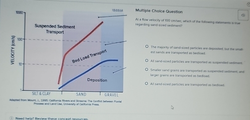 1000 1.036 Multiple Choice Question
Al a flow velocity of 100 cm/ser, which of the following statements is true
Suspended Sediment regarding sand-sized sediment?
Transport
ξ 100 -
The majonty of sand-sired particles are deposited, but the small
Bed Load Transport est sands are transported as bedload.
10
All sand-sized particles are transported as suspended sedimens
Smaller sand grains are transported as suspended sediment, and
larger grans are transported as bedload.
Deposition All sand-sized particles are transported as bedload.
SILT & CLAY SAND GRAVEL
Alapted from Mount, J., 1995: Califomia Rivers and Streems: The Conflict between Fluvia
Process and Land Use, University of Califoria Press.
Need hela? Review these conrent resources