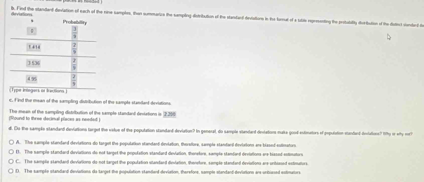 deviati
b. Find the standard devlation of each of the nine samples, then summarize the sampling distribution of the standard deviations in the format of a table representing the probability distribution of the distinct slandard d
c. Find the mean of the sampling distribution of the sample standard deviations
The mean of the sampling distribution of the sample standard deviations is 22 00
(Round to three decimal places as needed)
d. Do the sample standard deviations target the value of the population standard deviation? In general, do sample standard deviations make good estimators of population standard devlations? Wry sr why not?
A. The sample standard deviations do target the population standard deviation, therefore, sample standard deviations are blased estimators
B. The sample standerd deviations do not target the population standard deviation, therefore, sample standard deviations are biased estimators
C. The sample standard deviations do not target the population standard deviation, therefore, sample standard deviations are unblased estimators.
D. The sample standard deviations do target the population standard deviation, therefore, sample standard deviations are unblased estimators