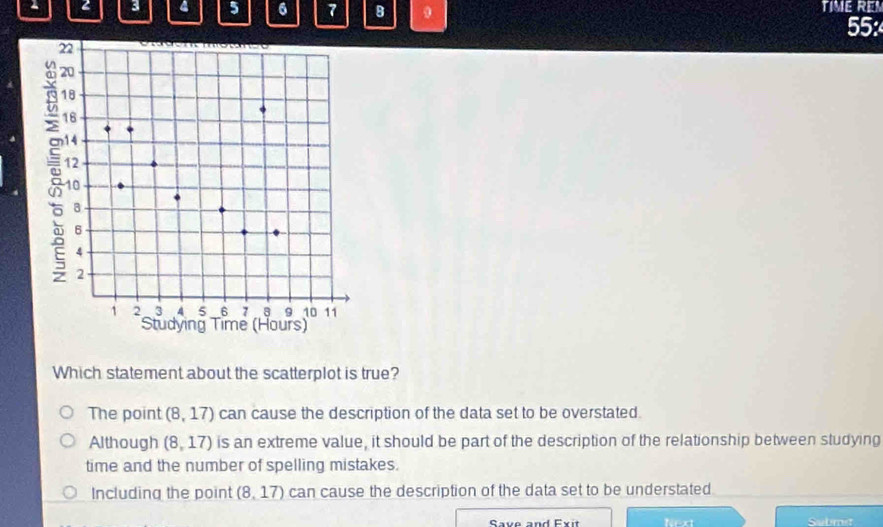 2 3 4 5 6 7 B 9 TIME REM
55:
Which statement about the scatterplot is true?
The point (8,17) can cause the description of the data set to be overstated.
Although (8,17) is an extreme value, it should be part of the description of the relationship between studying
time and the number of spelling mistakes.
Including the point (8,17) can cause the description of the data set to be understated
Next Subma