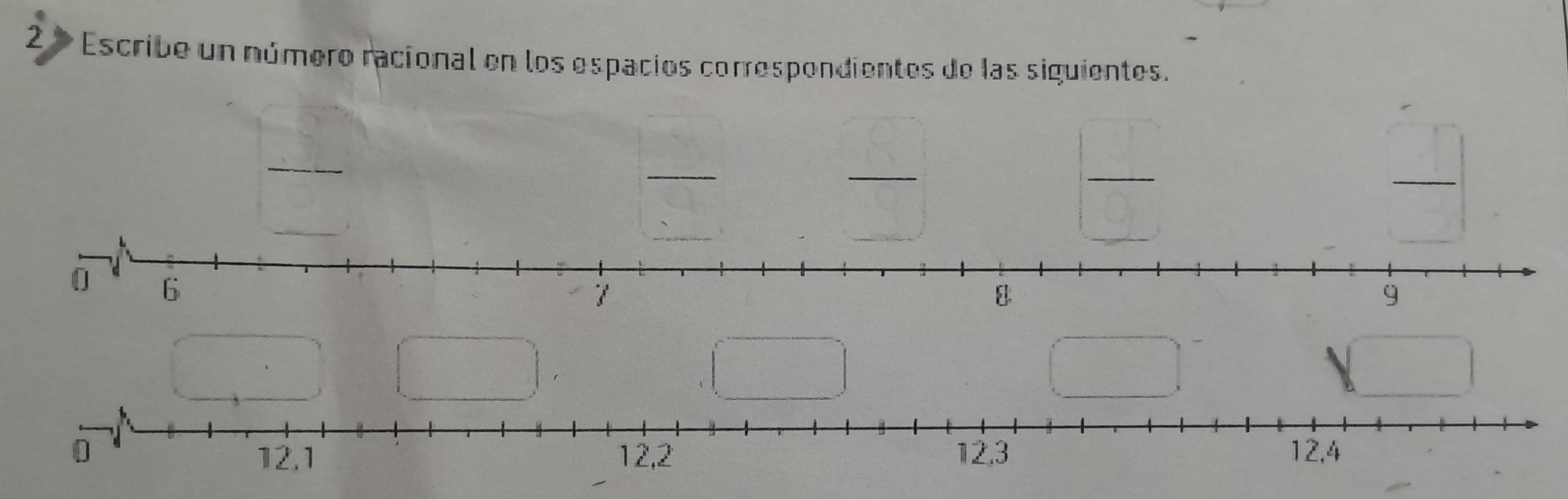 Escribe un número racional en los espacios correspondientes de las siguientes.
 □ /□  ,  □ /□  

(□ )
(□ )
sqrt()