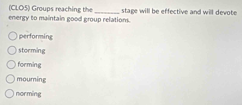 Solved: (CLO5) Groups reaching the _stage will be effective and will ...
