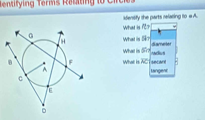 entifying Terms Relating to Circies 
Identify the parts relating to =A. 
What is ic? 
What is vector Dvector o 2 
diameter 
What is vector DH radius 
What is overline AC secant 
tangent