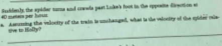 Suddenly the spider nums and crawds part Luke's foot in the opposite direction at
40 meteis per houz 
a. Assuming the velocity of the train is unthanged, what is the velocity of the spider rela 
_ 
tive to Hally?