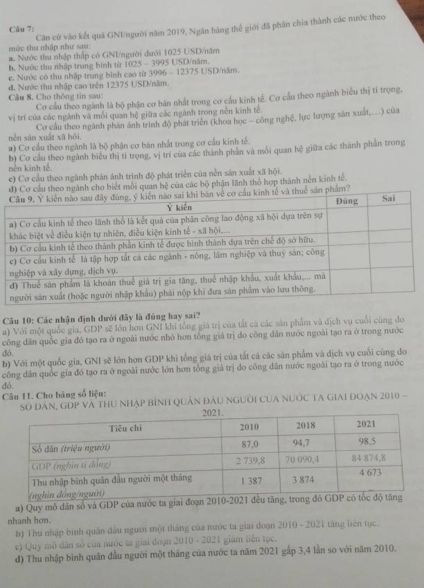 Căn cứ vào kết quá GNI/người năm 2019, Ngân hàng thể giới đã phân chia thành các nước theo
Câu 7:
mức thu nhập như sau:
a. Nước thu nhập thấp có GNI/người đưới 1025 USD/năm
b. Nước thu nhập trung bình từ 1025 - 3995 USD/năm.
c. Nước có thu nhập trung binh cao từ 3996 - 12375 USD/năm.
đ. Nước thu nhập cao trên 12375 USD/năm.
Câu 8. Cho thông tin sau:
Cơ cầu theo ngành là bộ phận cơ bản nhất trong cơ cầu kinh tế. Cơ cầu theo ngành biểu thị tỉ trọng,
vị trí của các ngành và mối quan hệ giữa các ngành trong nền kinh tế.
Cơ cầu theo ngành phản ảnh trình độ phát triển (khoa học - công nghệ, lực lượng sản xuất,...) của
nèn sàn xuất xã hōi
a) Cơ cầu theo ngành là bộ phận cơ bán nhất trong cơ cầu kinh tế.
b) Cơ cầu theo ngành biểu thị tỉ trọng, vị trí của các thành phần và mỗi quan hệ giữa các thành phần trong
nền kinh tế,
c) Cơ cầu theo ngành phản ánh trình độ phát triển của nền sản xuất xã hội.
d) Cơ cầu theo ngành cho biết mỗi quan hệ của các bộ phận lãnh thổ hợp thành nền kinh tế.
à thuế sản phẩm?
Câu 10: Các nhận định dưới đây là đủng hay sai?
a) Với một quốc gia, GDP sẽ lớn hơn GNI khi tổng giá trị của tắt cả các sản phẩm và dịch vụ cuối cùng do
công dân quốc gia đó tạo ra ở ngoài nước nhỏ hơn tổng giả trị do công dân nước ngoài tạo ra ở trong nước
dó.
b) Với một quốc gia, GNI sẽ lớn hơn GDP khi tổng giá trị của tắt cả các sản phẩm và dịch vụ cuỗi cùng đo
công dân quốc gia đó tạo ra ở ngoài nước lớn hơn tổng giá trị đo công dân nước ngoài tạo ra ở trong nước
dó.
Câu 11. Cho bảng số liệu:
Số dân, GĐP và thu nhập bình Quân đầu người Của Nước ta giai đoạn 2010 -
a) Quy mô dân số và GDP của nước ta giai đoạn 201
nhanh hơn.
b) Thu nhập bình quân đầu người một tháng của nước ta giai đoạn 2010 - 2021 tăng liên tục.
) Quy mô dân số của nước ta giải đoạn 2010 - 2021 giám liên tục.
d) Thu nhập bình quân đầu người một tháng của nước ta năm 2021 gấp 3,4 lần so với năm 2010.