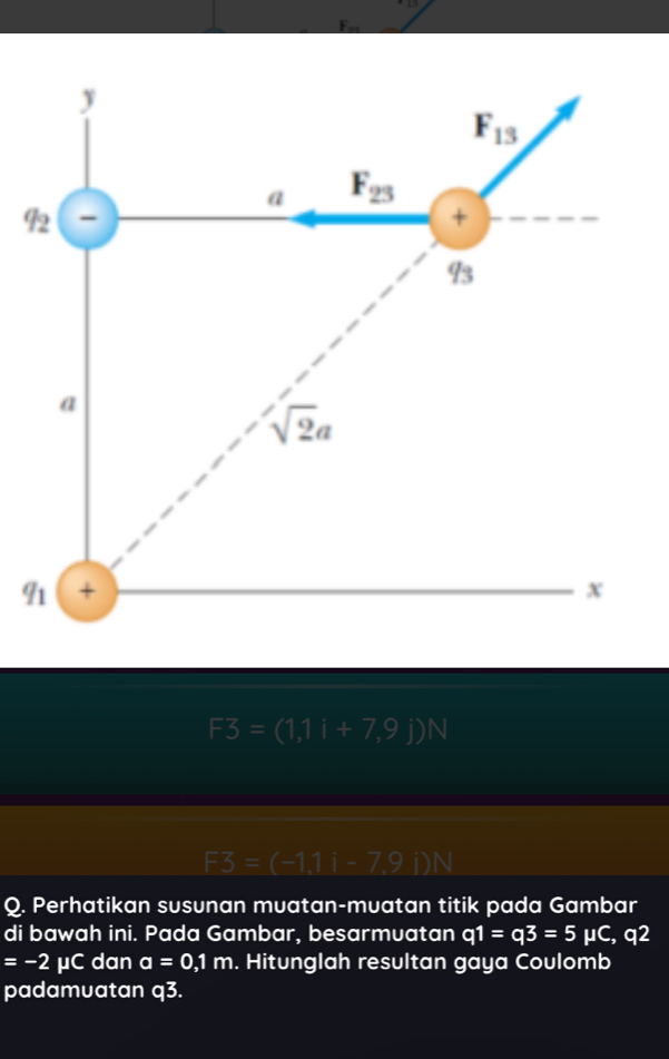 F3=(1,1i+7,9j)N
F3=(-1.1i-7.9i)N
Q. Perhatikan susunan muatan-muatan titik pada Gambar
di bawah ini. Pada Gambar, besarmuatan q1=q3=5mu C,q2
=-2mu C dan a=0,1m. Hitunglah resultan gaya Coulomb
padamuatan q3.