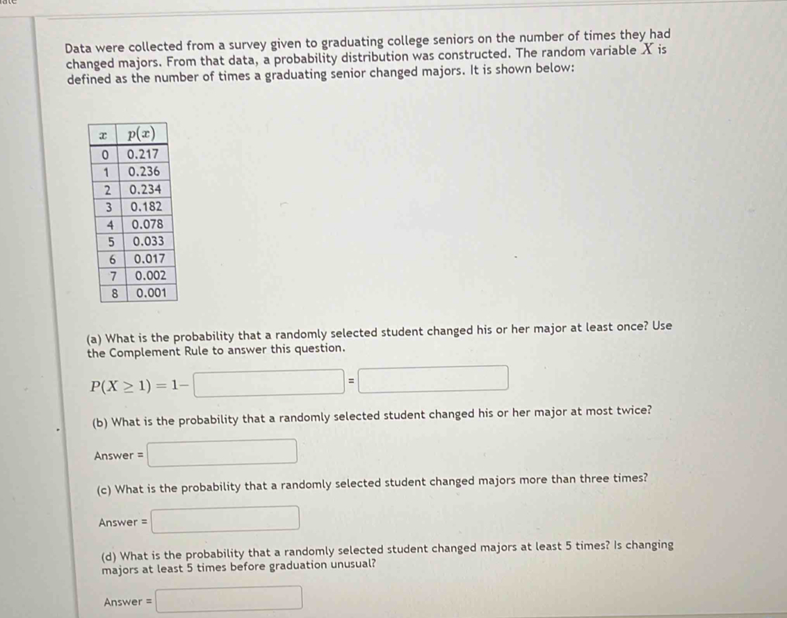 Data were collected from a survey given to graduating college seniors on the number of times they had
changed majors. From that data, a probability distribution was constructed. The random variable X is
defined as the number of times a graduating senior changed majors. It is shown below:
(a) What is the probability that a randomly selected student changed his or her major at least once? Use
the Complement Rule to answer this question.
P(X≥ 1)=1-□ =□
(b) What is the probability that a randomly selected student changed his or her major at most twice?
Answer =□
(c) What is the probability that a randomly selected student changed majors more than three times?
Answer =□
(d) What is the probability that a randomly selected student changed majors at least 5 times? Is changing
majors at least 5 times before graduation unusual?
Answer =□