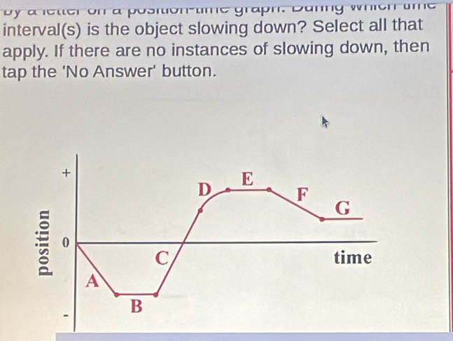 by a letter or a position-time graph. Danng whieh um e 
interval(s) is the object slowing down? Select all that 
apply. If there are no instances of slowing down, then 
tap the 'No Answer' button.