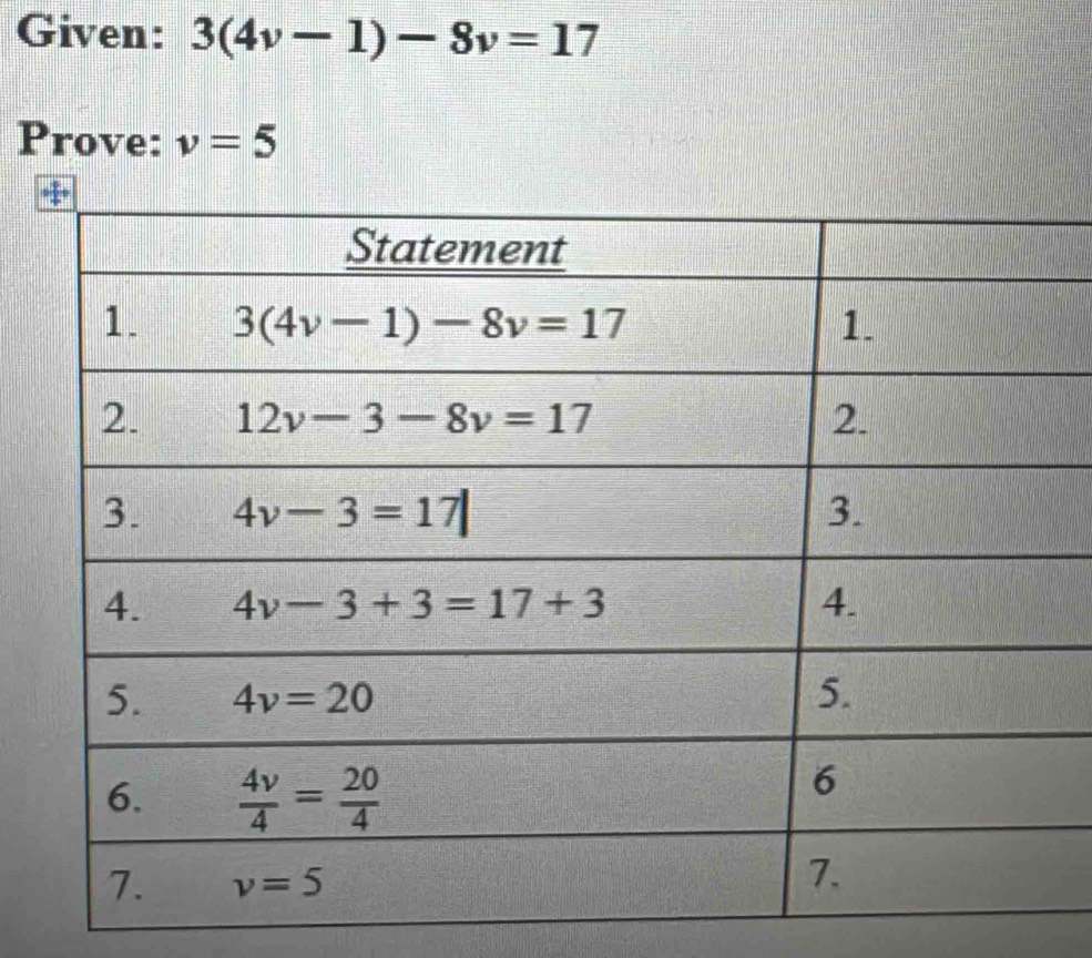 Given: 3(4v-1)-8v=17
Prove: v=5