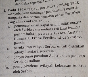 dan Gaba Tepe pa da 9 1
4. Pada 1914 terjadi peristiwa penting yang
menyebabkan hubungan politik antara Austria-
Hungaria dan Serbia semakin panas. Peristiwa
yang dimaksud adalah . . . .
a. penenggelaman kapal selam milik Austria
oleh Serbia yang melintas di Laut Irlandia
b. penembakan pewaris takhta Austria-
Hungaria, Franz Ferdinand di Sarajevo,
Bosnia
c. perekrutan rakyat Serbia untuk dijadikan
sebagai tentara sukarela
d. penyerbuan pasukan Austria oleh pasukan
Serbia di Balkan
e. pemblokadean wilayah kekuasan Austria
oleh Serbia