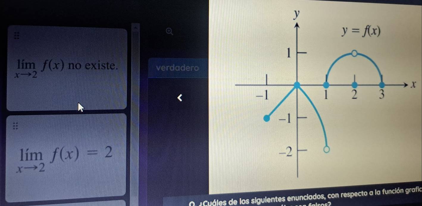 limlimits _xto 2f(x) no existe. verdadero
x
limlimits _xto 2f(x)=2
Cuáles de los siguientes enunciados, con respecto a la función grafia
lsas?