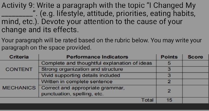 Activity 9: Write a paragraph with the topic “I Changed My 
_.". (e.g. lifestyle, attitude, priorities, eating habits, 
mind, etc.). Devote your attention to the cause of your 
change and its effects. 
Your paragraph will be rated based on the rubric below. You may write your 
paragraph on the space provided.