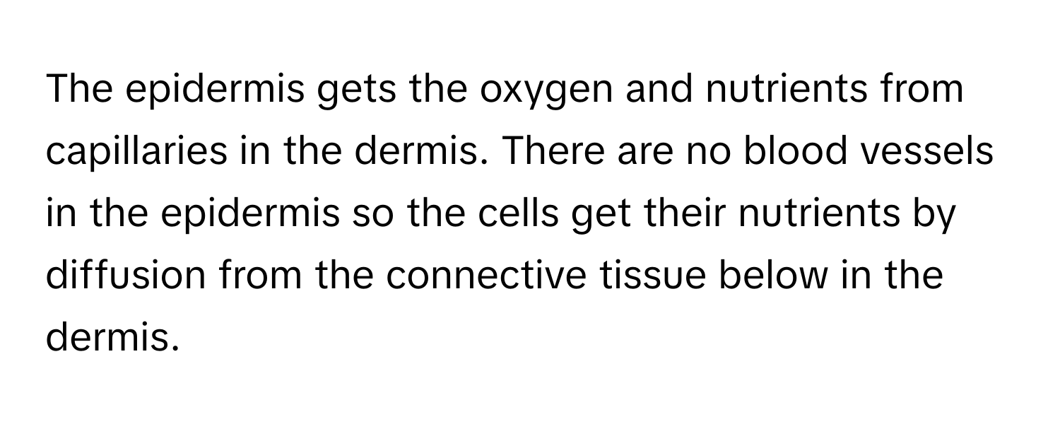 The epidermis gets the oxygen and nutrients from capillaries in the dermis. There are no blood vessels in the epidermis so the cells get their nutrients by diffusion from the connective tissue below in the dermis.