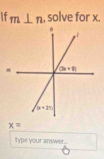 If m⊥ n , solve for x.
x=
type your answer...