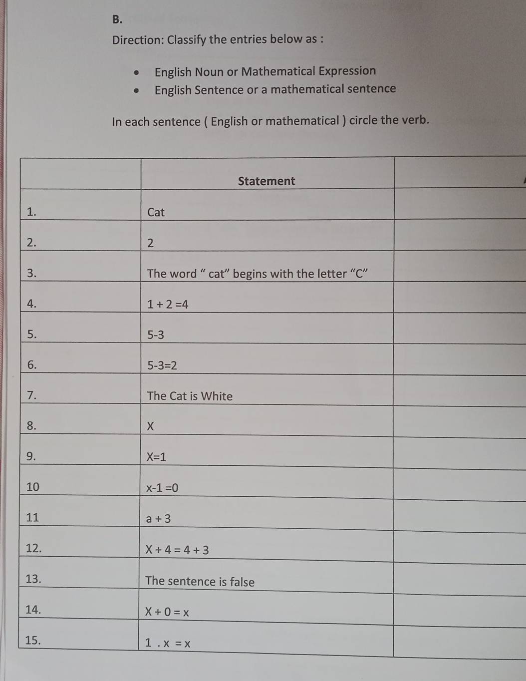 Direction: Classify the entries below as :
English Noun or Mathematical Expression
English Sentence or a mathematical sentence
In each sentence ( English or mathematical ) circle the verb.
1
2
3
4
5
6
7
8
9
1
1
1
1
1
1