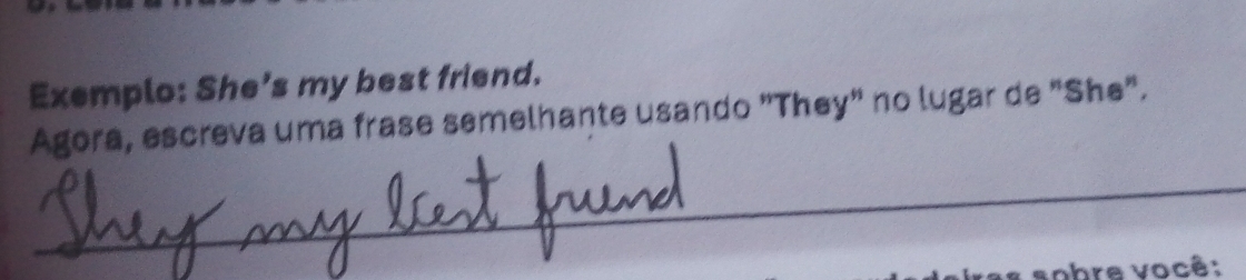 Exemplo: She's my best friend. 
Agora, escreva uma frase semelhante usando "They" no lugar de "She". 
_ 
sobre você: