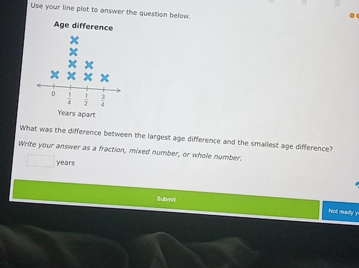 Use your line plot to answer the question below.
Age differe
What was the difference between the largest age difference and the smallest age difference?
Write your answer as a fraction, mixed number, or whole number.
years
Submit Not ready y