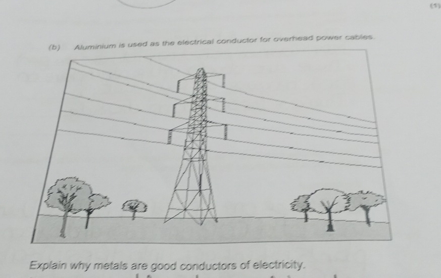 (1) 
(b) Aluminium is used as the electrical conductor for overhead power cables. 
Explain why metals are good conductors of electricity.