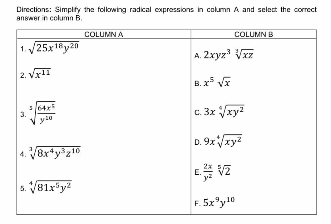 Directions: Simplify the following radical expressions in column A and select the correct
answer in column B.