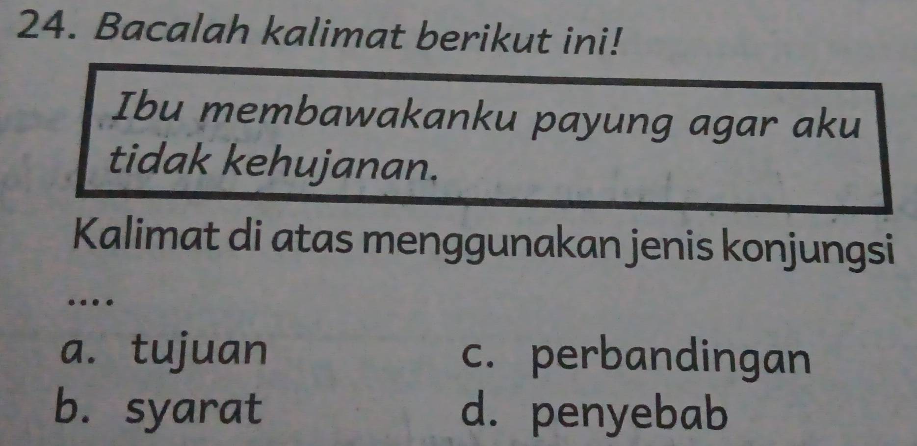 Bacalah kalimat berikut ini!
Ibu membawakanku payung agar aku
tidak kehujanan.
Kalimat di atas menggunakan jenis konjungsi
…
a. tujuan c. perbandingan
b. syarat d. penyebab