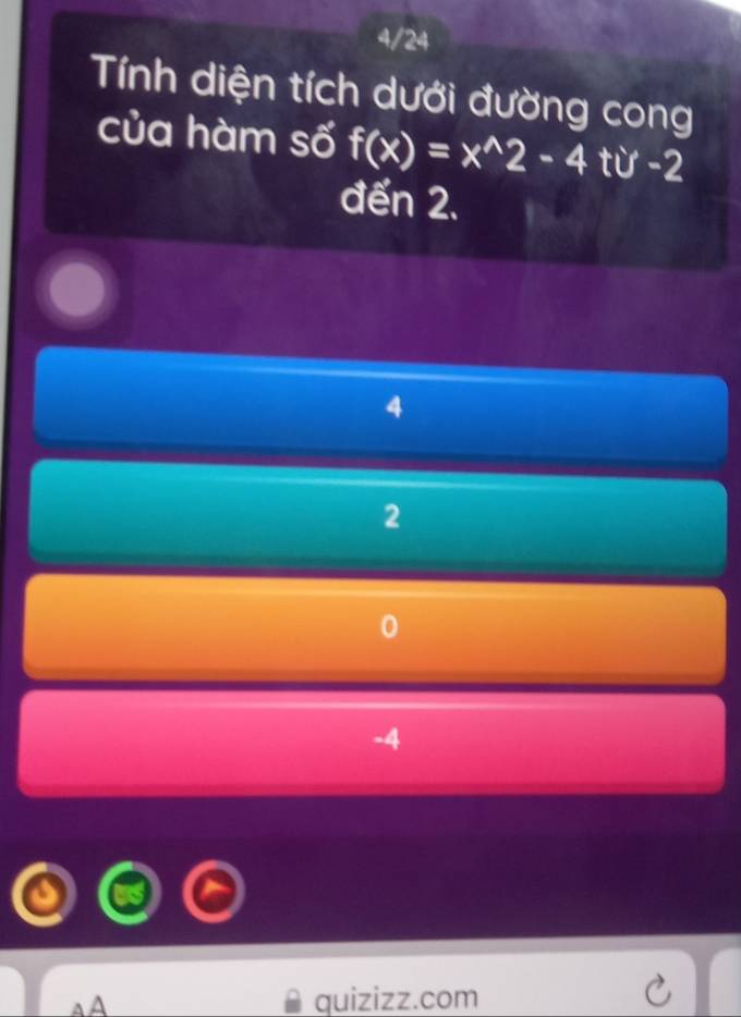 4/24
Tính diện tích dưới đường cong
của hàm số f(x)=x^(wedge)2-4tu-2
đến 2.
4
2
0
-4
quizizz.com