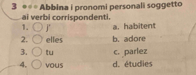 Abbina i pronomi personali soggetto
ai verbi corrispondenti.
1. j' a. habitent
2. elles b. adore
3. tu c. parlez
4. vous d. étudies