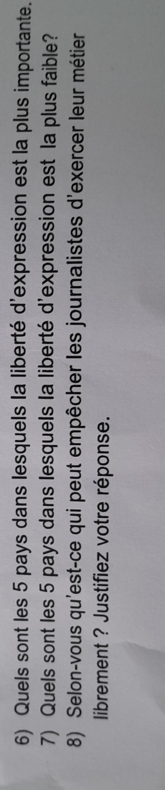 Quels sont les 5 pays dans lesquels la liberté d'expression est la plus importante. 
7) Quels sont les 5 pays dans lesquels la liberté d'expression est la plus faible? 
8) Selon-vous qu'est-ce qui peut empêcher les journalistes d'exercer leur métier 
librement ? Justifiez votre réponse.