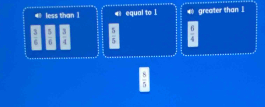 less than 1 equal to 1 greater than 1
 3/6   5/6   3/4   5/5   6/4 
 8/5 