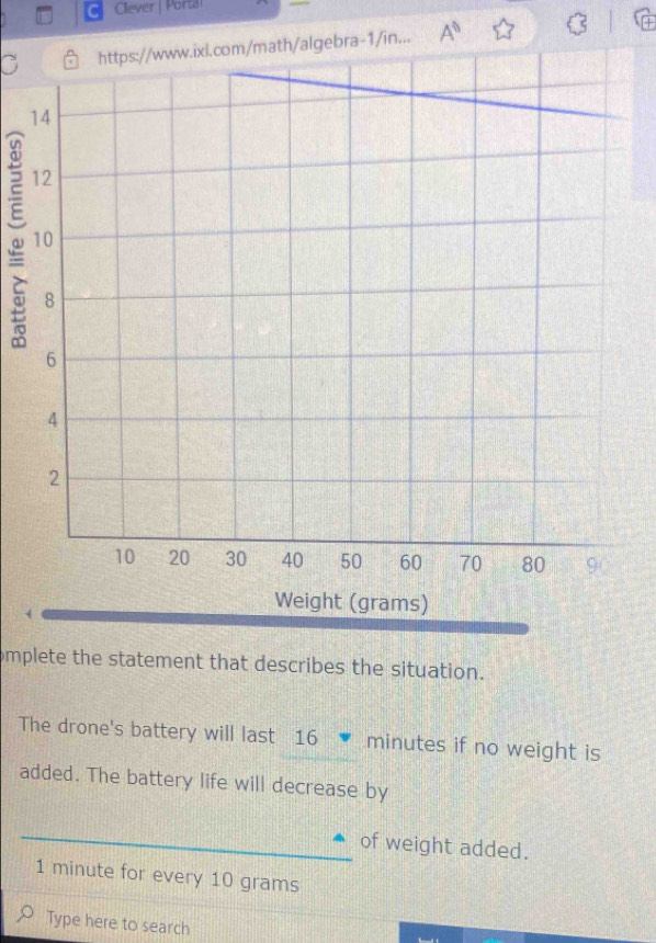 Clever | Porta 
ebra-1/in... A^n widehat LI B 
omplete the statement that describes the situation. 
The drone's battery will last 16 minutes if no weight is 
added. The battery life will decrease by 
of weight added.
1 minute for every 10 grams
Type here to search