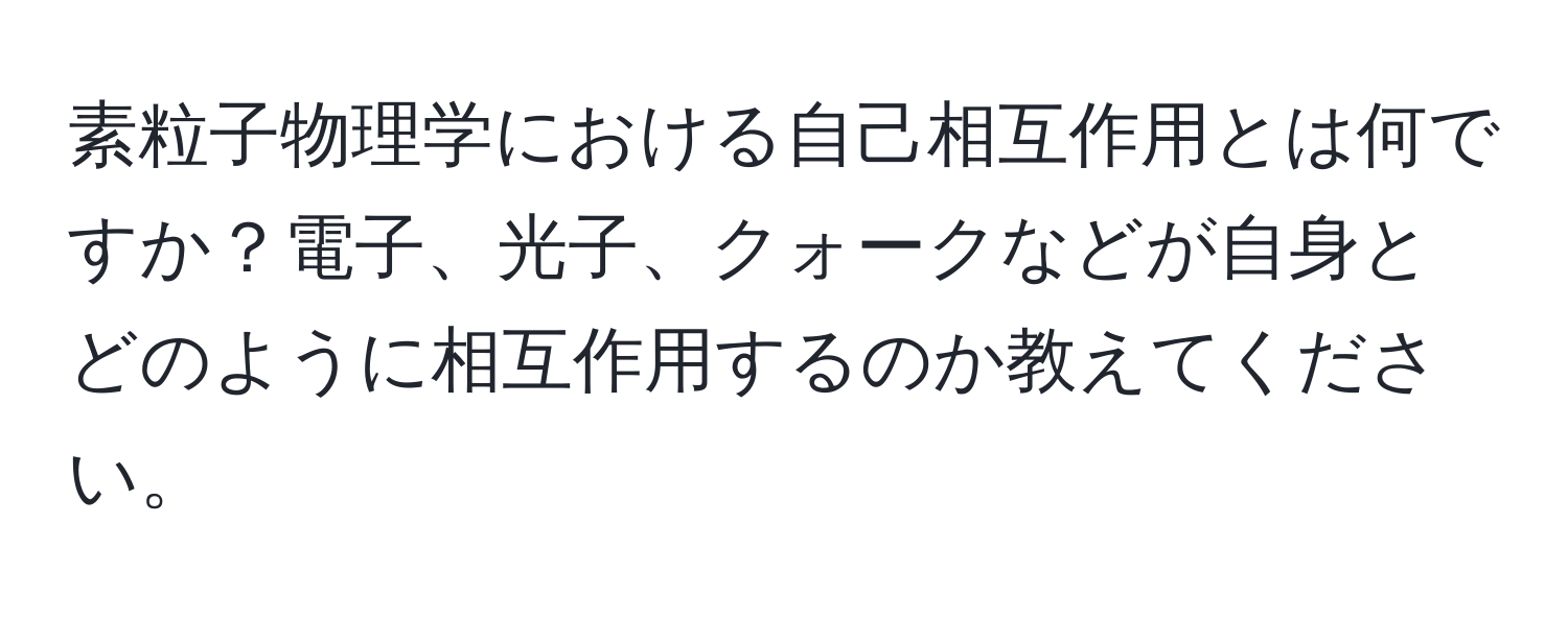 素粒子物理学における自己相互作用とは何ですか？電子、光子、クォークなどが自身とどのように相互作用するのか教えてください。