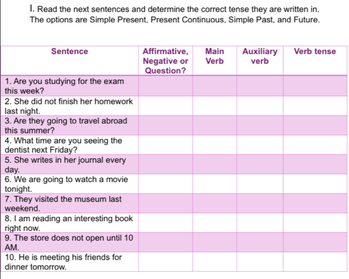 Read the next sentences and determine the correct tense they are written in. 
The options are Simple Present, Present Continuous, Simple Past, and Future. 
1. 
thi 
2. 
la 
3. 
thi 
4. 
de 
5. 
da 
6. 
to 
7. 
we 
8. 
rig 
9. 
AM 
10 
dinner tomorrow.